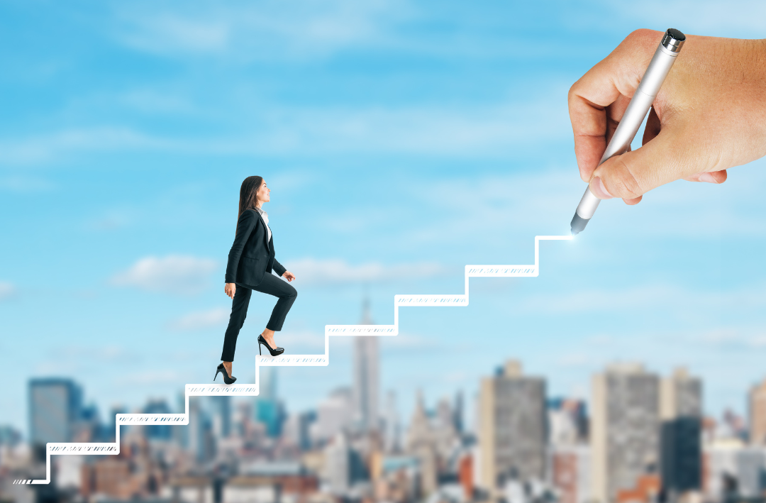 A person climbing a staircase symbolizing progress and growth.